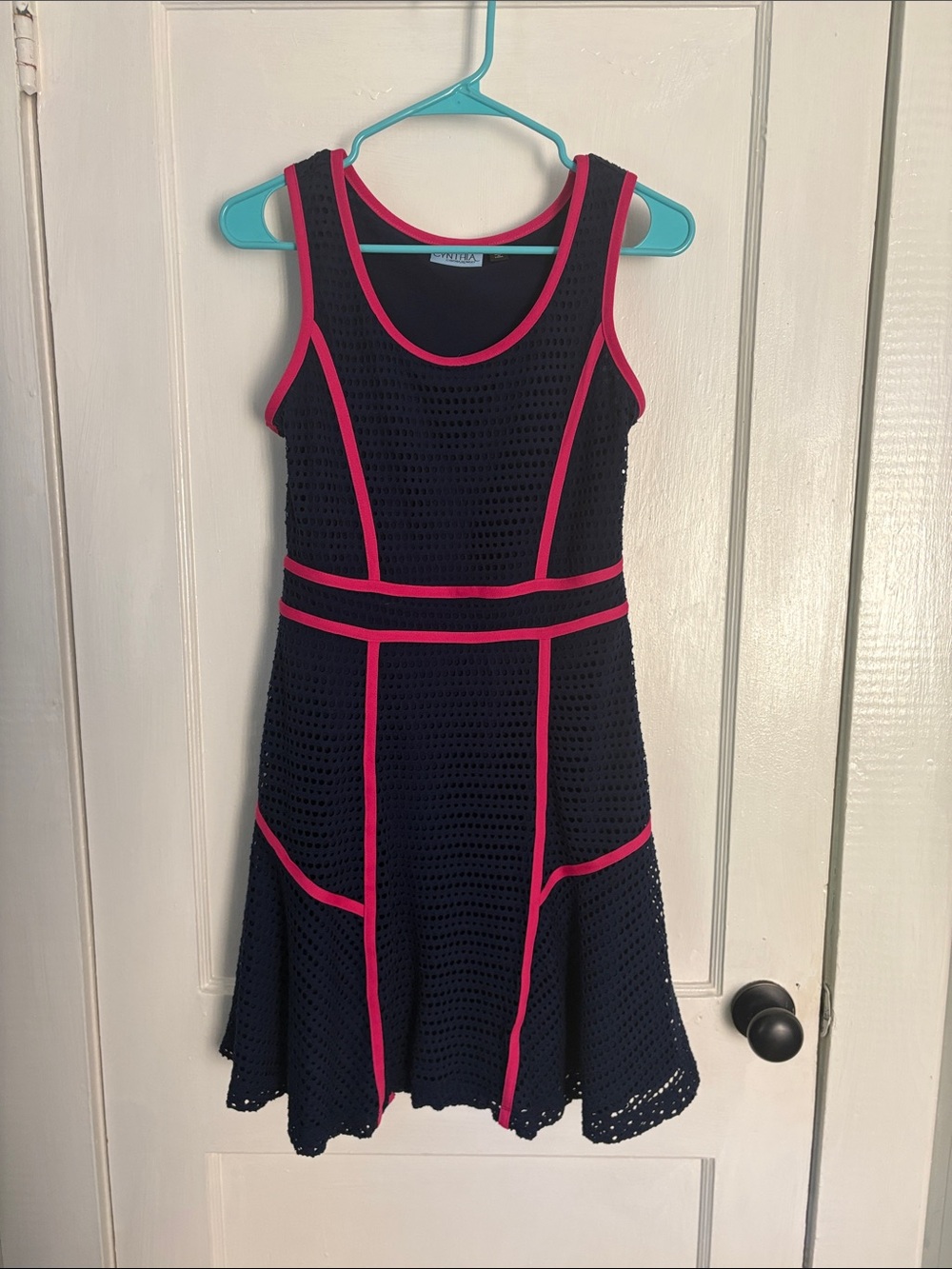 Navy Eyelet Dress with Hot Pink Trim